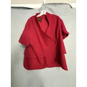 Lew's Custom Tailor Jacket Womens 3XL Red Linen Asymmetrical Button Lined Wrap